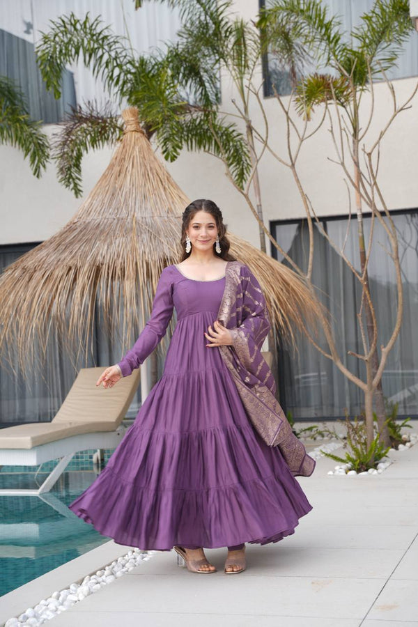 flair ruffle gown crafted from soft Faux Georgette,
