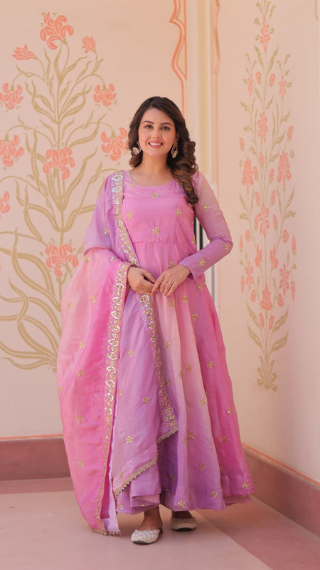 Gold Organza Set with Sequins-Multi Embroidered Work