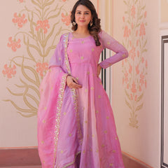 Gold Organza Set with Sequins-Multi Embroidered Work