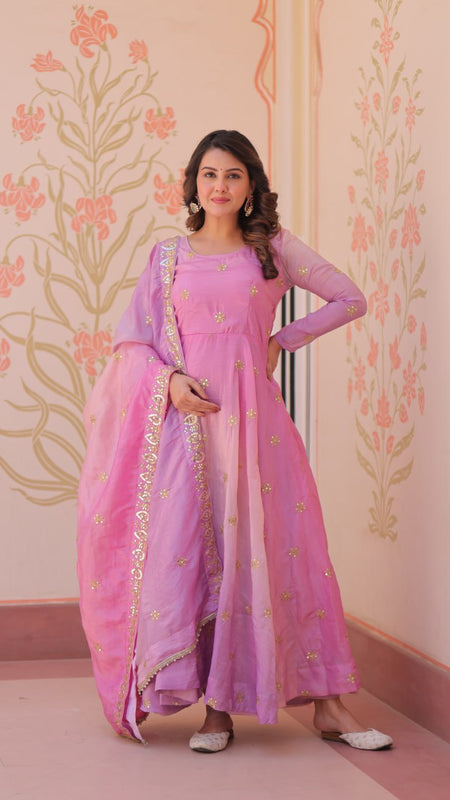 Gold Organza Set with Sequins-Multi Embroidered Work