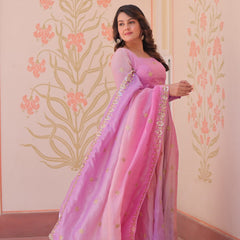 Gold Organza Set with Sequins-Multi Embroidered Work