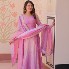Gold Organza Set with Sequins-Multi Embroidered Work
