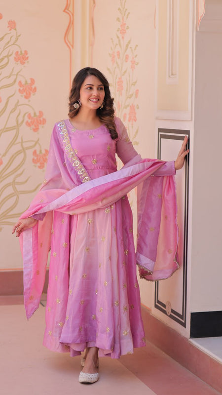 Gold Organza Set with Sequins-Multi Embroidered Work