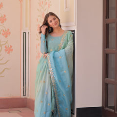 Gold Organza Set with Sequins-Multi Embroidered Work