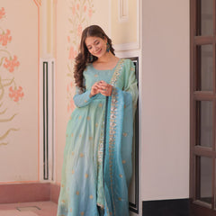 Gold Organza Set with Sequins-Multi Embroidered Work