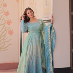 Gold Organza Set with Sequins-Multi Embroidered Work