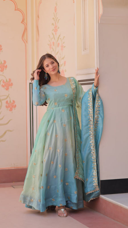 Gold Organza Set with Sequins-Multi Embroidered Work
