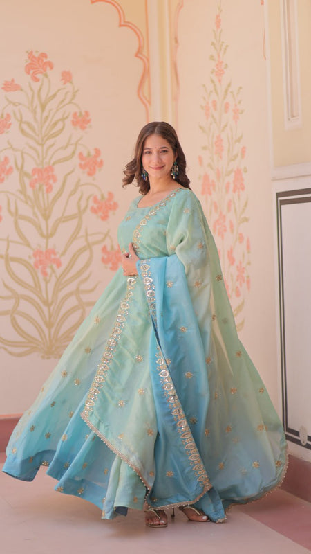 Gold Organza Set with Sequins-Multi Embroidered Work
