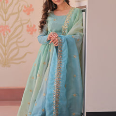 Gold Organza Set with Sequins-Multi Embroidered Work