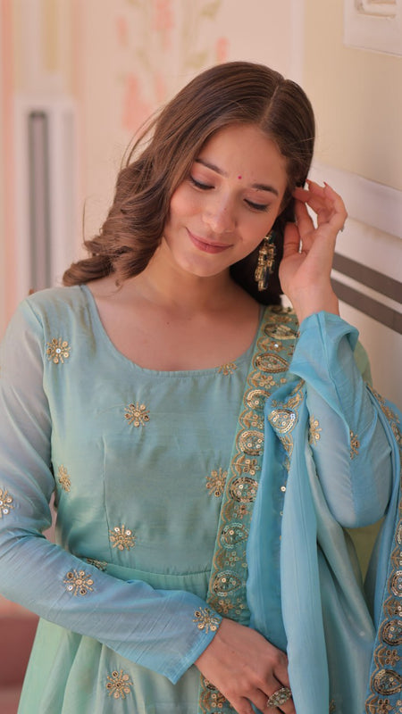 Gold Organza Set with Sequins-Multi Embroidered Work