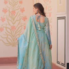 Gold Organza Set with Sequins-Multi Embroidered Work
