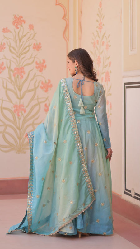 Gold Organza Set with Sequins-Multi Embroidered Work