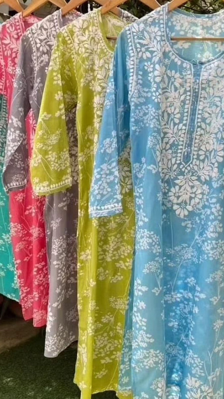 Printed hand-embroidered malmal Kurti with Lycra pant /Malmal fussion set