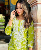 Printed hand-embroidered malmal Kurti with Lycra pant /Malmal fussion set