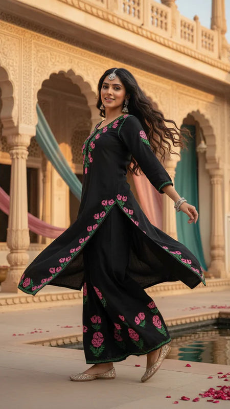 Rayon Rose work Chikankari Kurta Set with Palazzo
