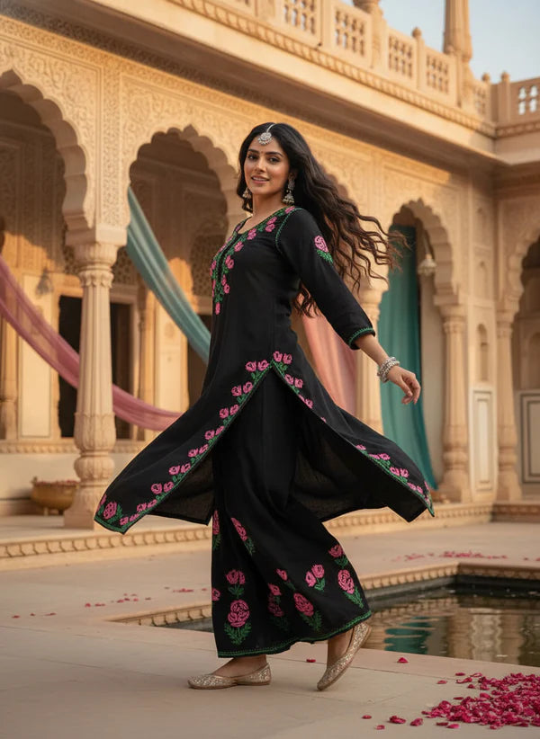 Rayon Rose work Chikankari Kurta Set with Palazzo