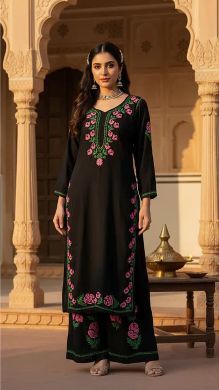Rayon Rose work Chikankari Kurta Set with Palazzo