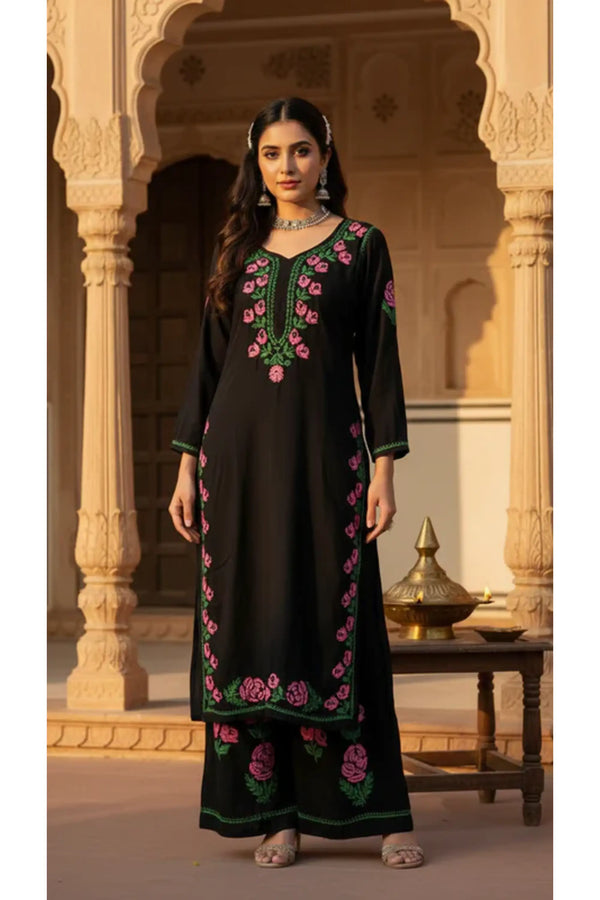 Rayon Rose work Chikankari Kurta Set with Palazzo