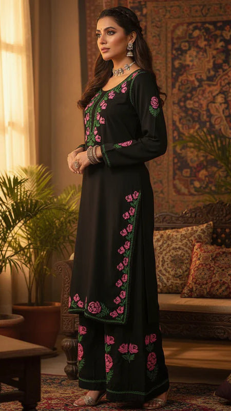 Rayon Rose work Chikankari Kurta Set with Palazzo