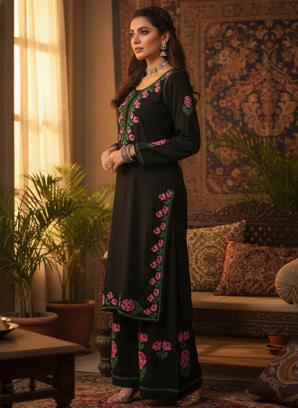 Rayon Rose work Chikankari Kurta Set with Palazzo