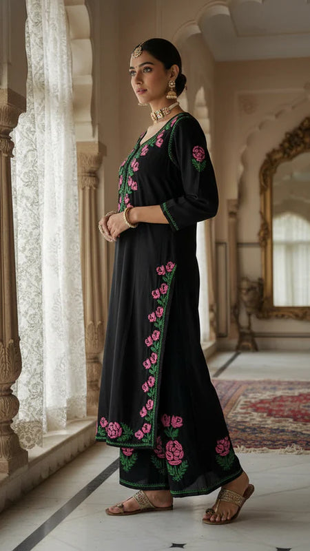 Rayon Rose work Chikankari Kurta Set with Palazzo