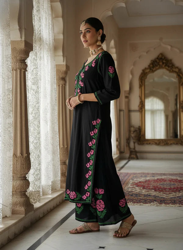 Rayon Rose work Chikankari Kurta Set with Palazzo